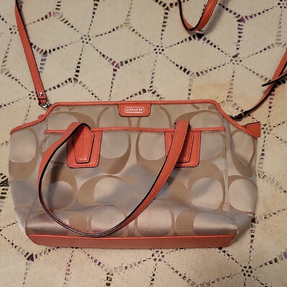 Coach Handbags - Coach Beige and Coral Shoulder Bag With Short Handles Too.